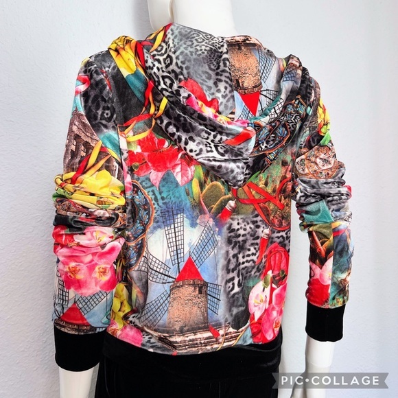 WOMEN VELOUR TRACKSUIT 2P SET JACKET/BLACK PANTS LOUNGEWEAR FLORAL PRINT HOODED‎ - Picture 9 of 12